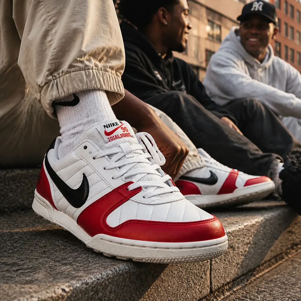 Group of friends hanging out, one wearing the iconic Total 90 Premium sneakers
