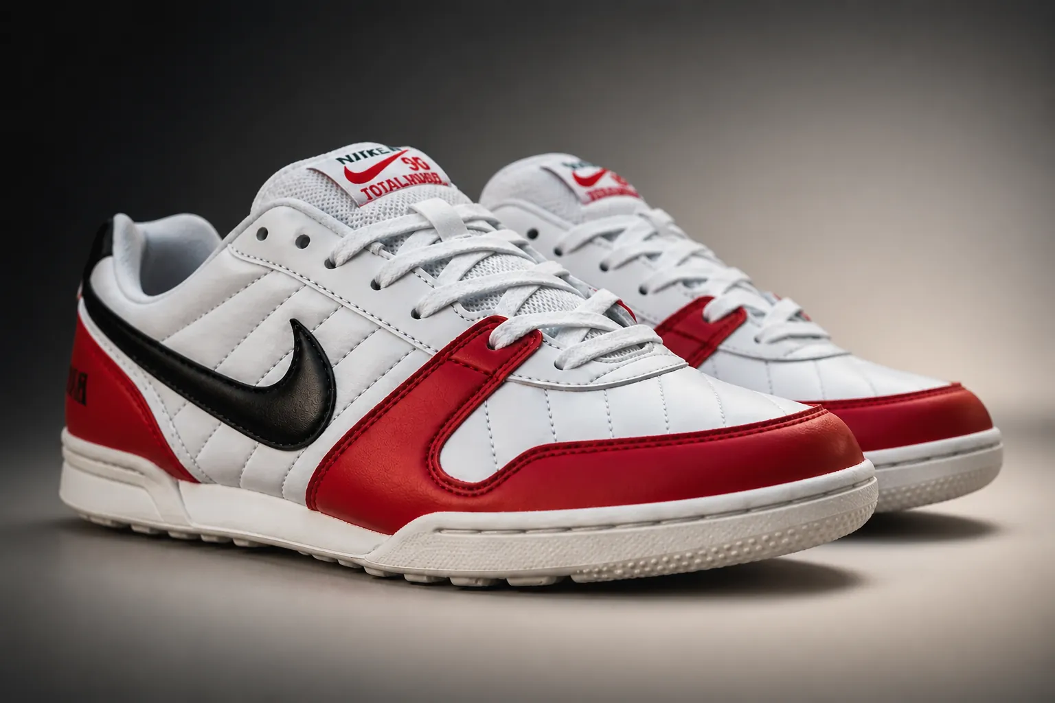 Final hero image of Nike Total 90 Premium sneakers displayed prominently with dramatic lighting and gradient background