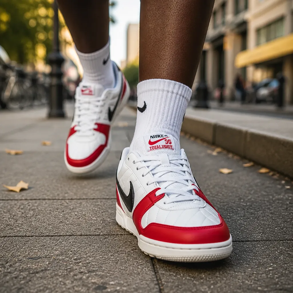Close-up shot of Nike Total 90 Premium worn by someone walking through a city street