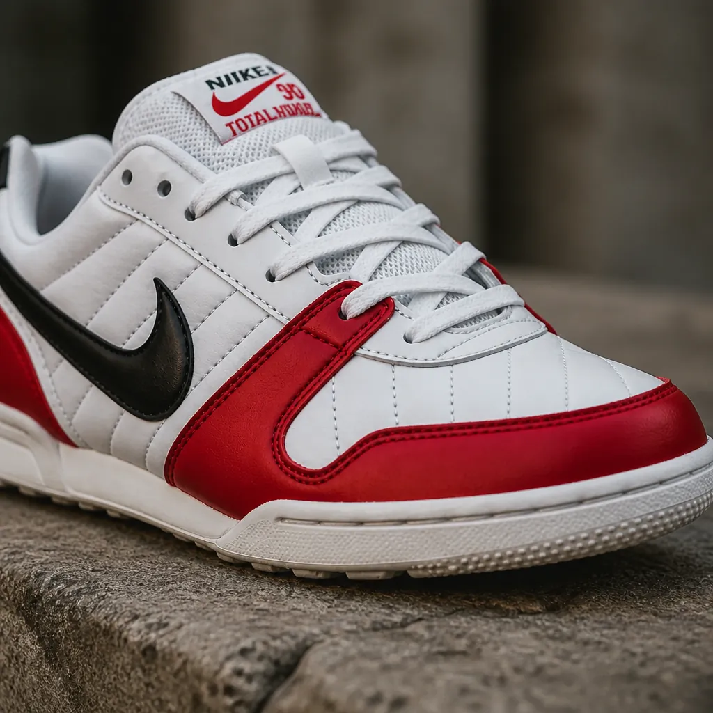 Close-up of Nike Total 90 Premium showing the signature quilted leather upper texture with embroidered Total 90 logo and asymmetrical lacing system