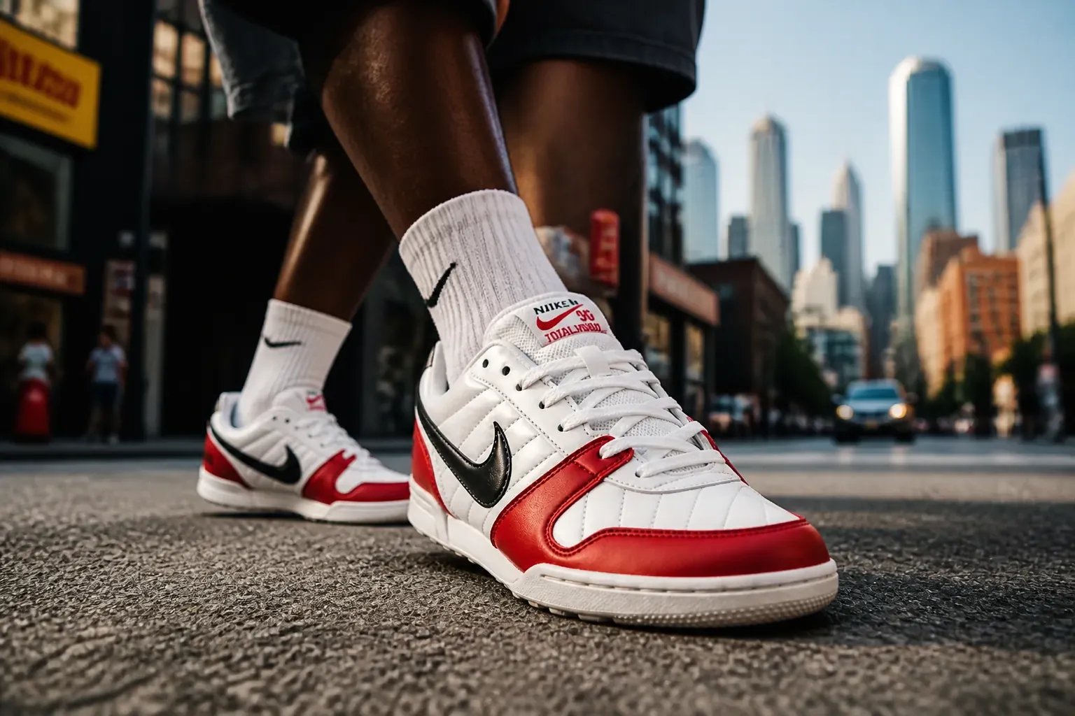 Person confidently walking through a vibrant urban street with city skyline backdrop, wearing Nike Total 90 Premium sneakers