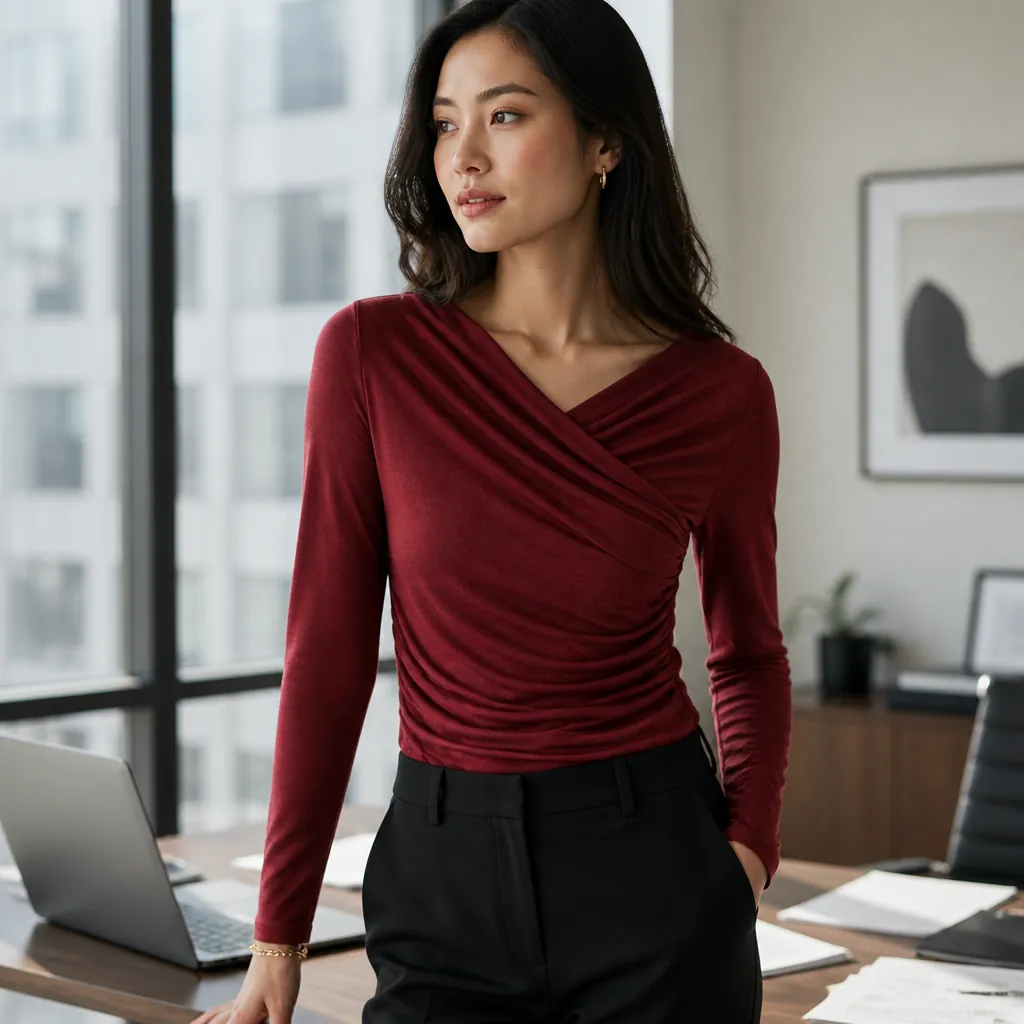 Professional office outfit with elegant surplice top styled with tailored trousers in modern workplace