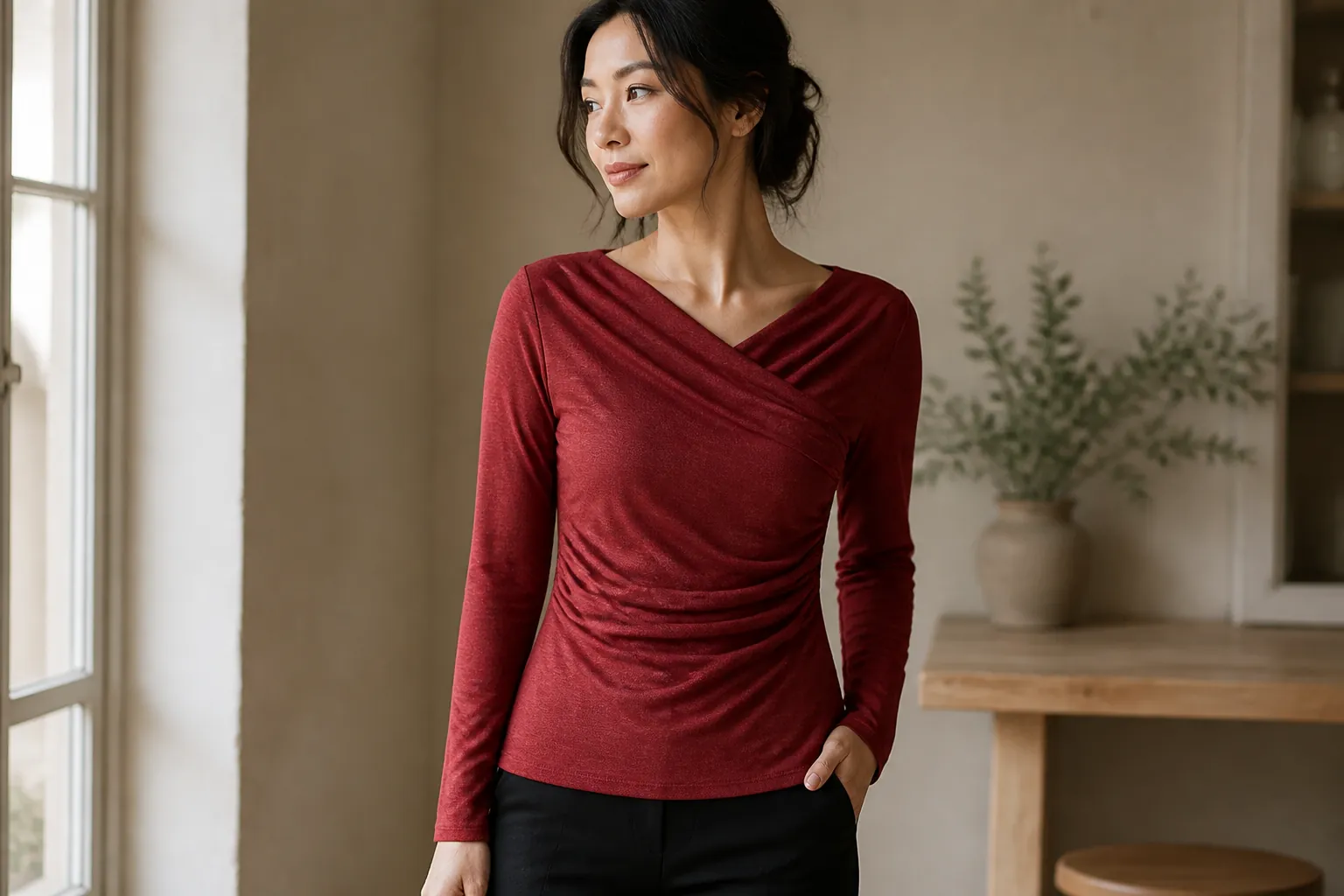 Woman wearing elegant long-sleeved top showing sleeve length and coverage for transitional weather styling