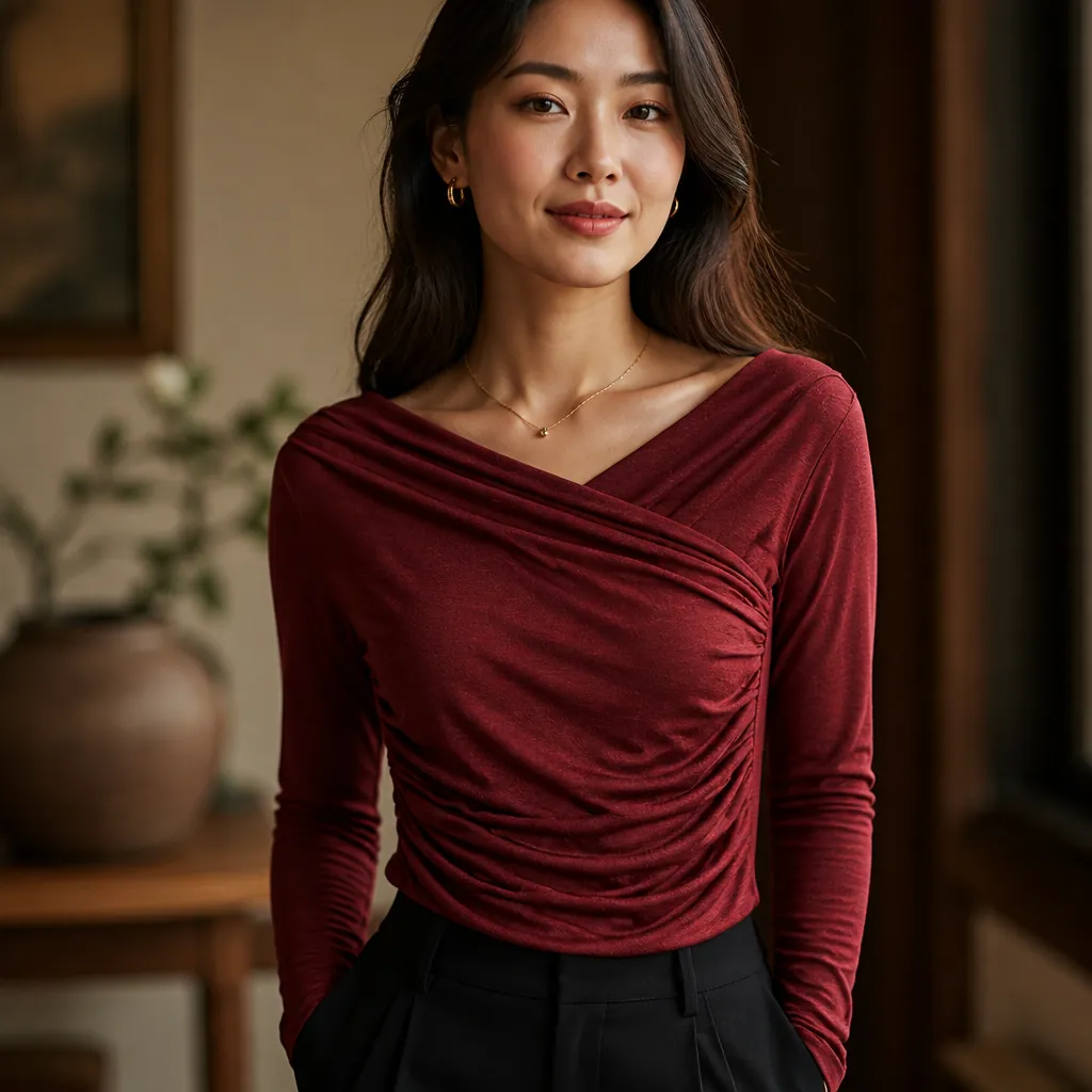 Beautiful red draped surplice top shown on model in warm indoor lighting with natural background