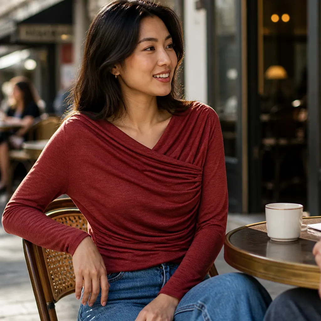 Stylish casual day look with draped surplice top paired with denim jeans and sneakers in outdoor cafe setting