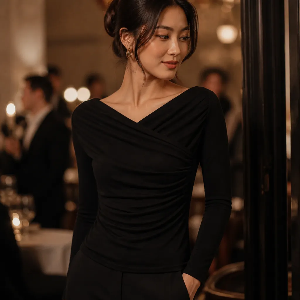 Classic black draped surplice top on model in elegant evening setting with soft ambient lighting