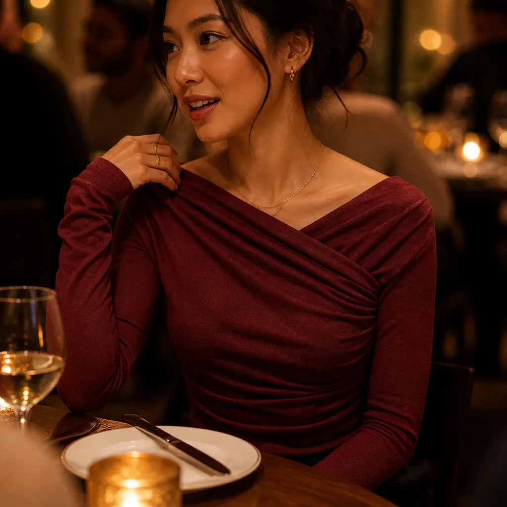 Romantic evening date outfit featuring draped top with elegant accessories in warm ambient restaurant lighting