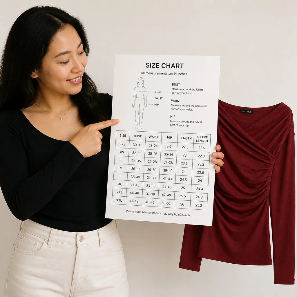 Professional size measurement chart showing body measurements for sizes 2XS through 3XL with detailed dimension guide