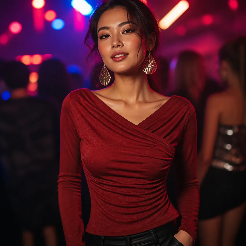 Glamorous party-ready look with statement surplice top and bold accessories in vibrant club atmosphere
