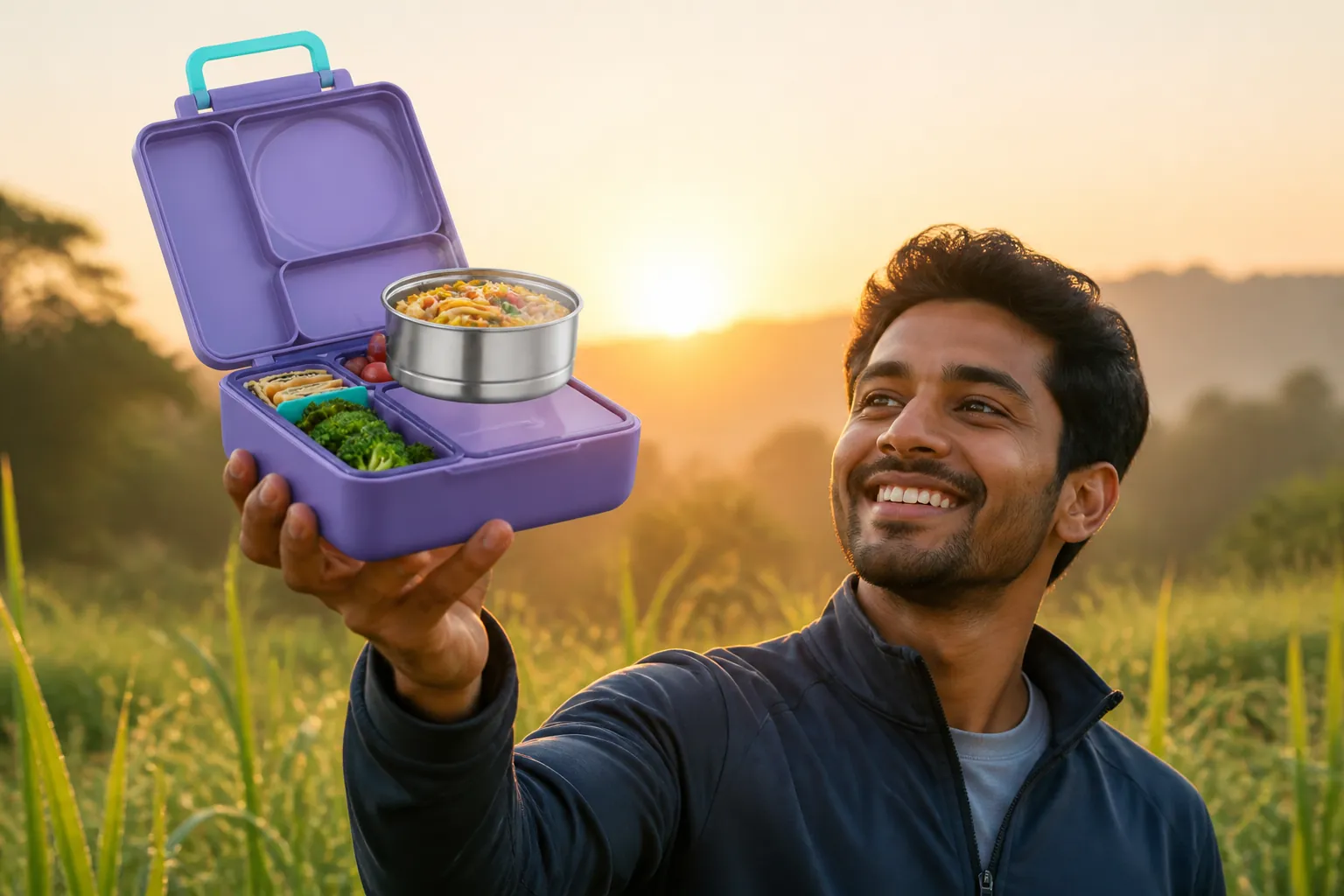 Inspiring image of a person standing triumphantly outdoors at sunrise holding their Bento Box aloft with joy, the box open revealing a beautifully arranged hot colorful meal, representing the transformation and renewed energy that comes from enjoying delicious hot food