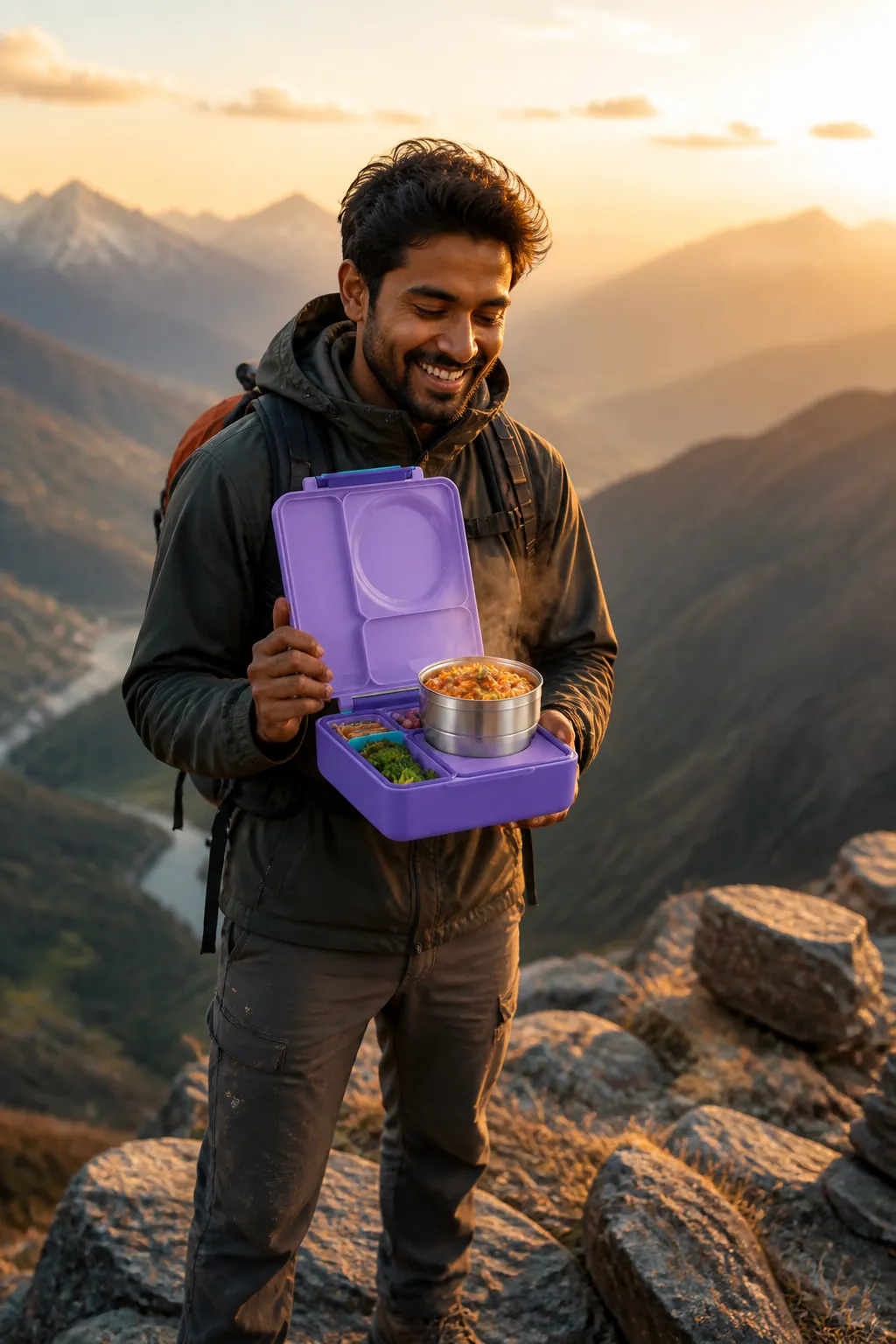 Adventurous hiker standing triumphantly on a mountain peak at golden hour, holding an open Bento Box that reveals a gorgeous hot colorful meal, with a breathtaking sweeping scenic valley and mountain ranges visible in the background, capturing the joy of eating well outdoors