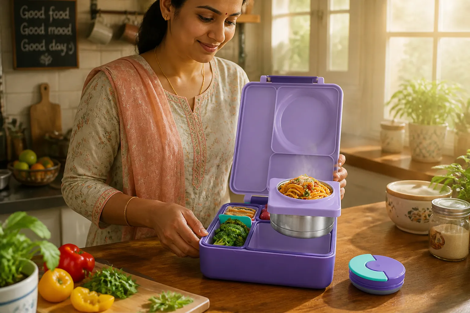 Illustration showing the complete Bento Box journey from morning preparation in a cozy kitchen, through commuting with the container in a bag, to opening it at an office desk where colleagues admire the steaming colorful meal, culminating in a satisfied smile after enjoying a delicious hot lunch together