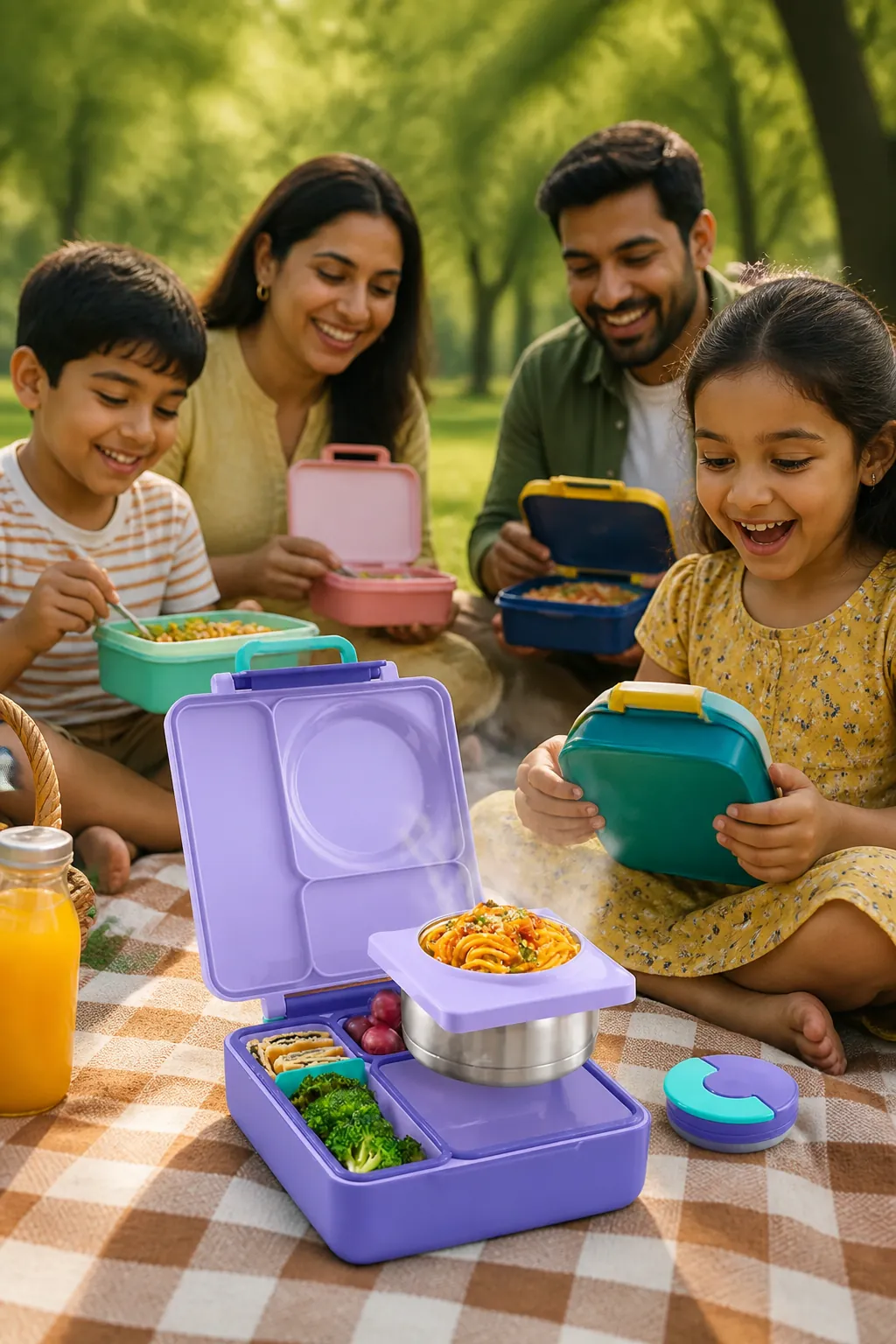 Happy diverse family enjoying a sunny afternoon picnic in a green park with multiple colorful Bento Boxes spread on a checkered blanket, everyone visibly delighted as they open their containers to reveal steaming hot delicious meals