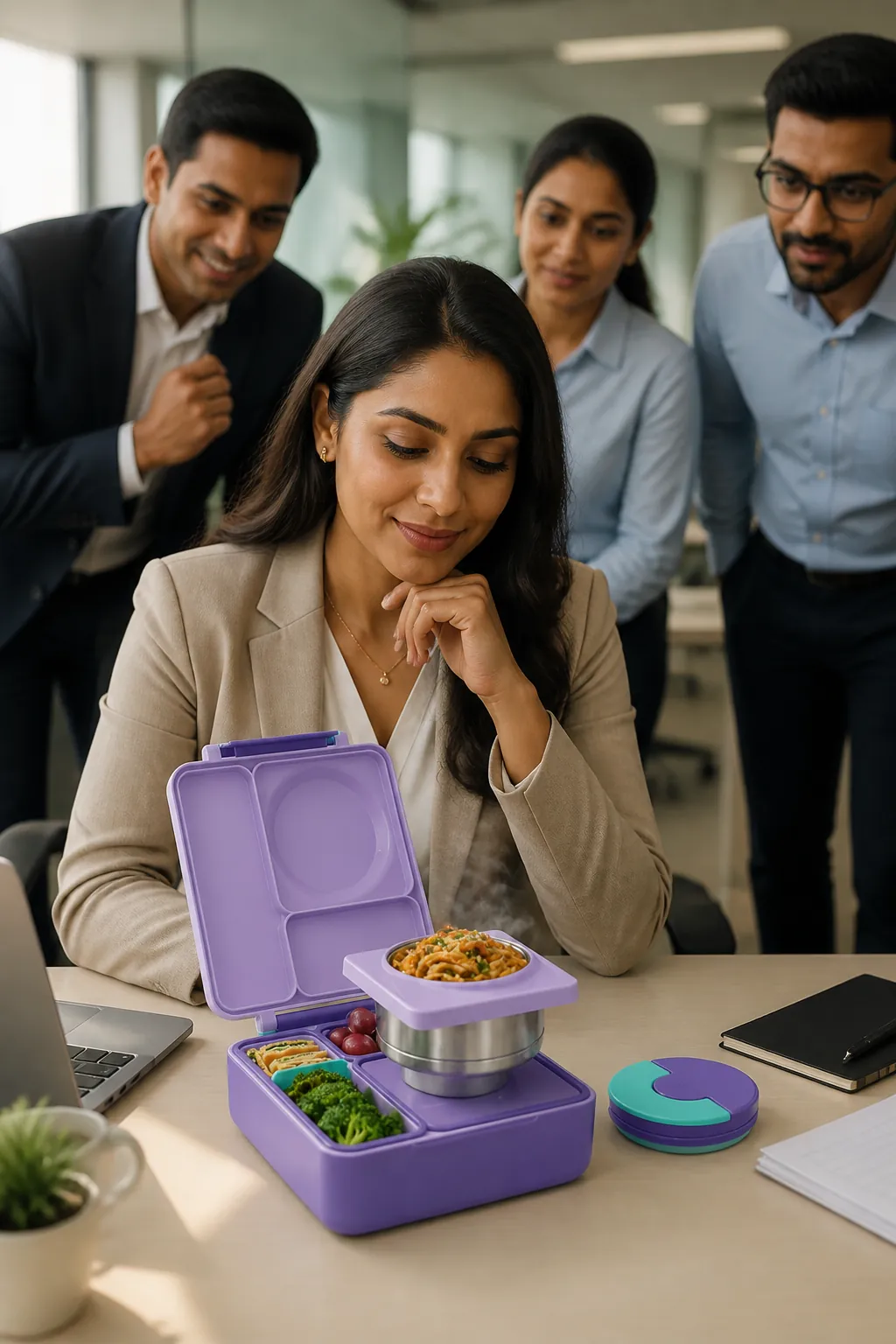 Professional woman in business attire sitting at a modern office desk with her Bento Box open, revealing a steaming hot colorful meal, while colleagues gather around looking impressed and curious about the delicious food presentation
