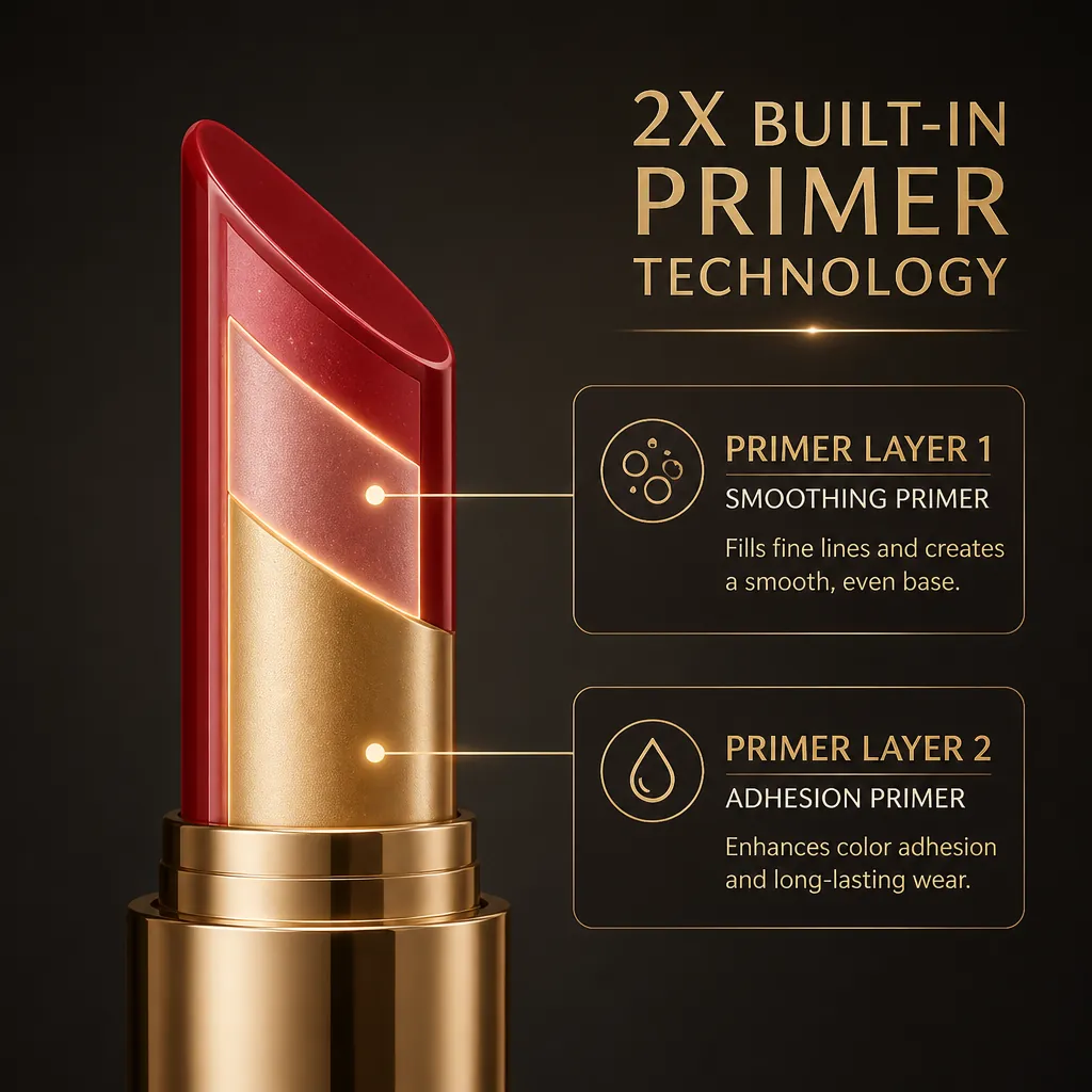 Close-up product diagram showing the 2x built-in primer technology with highlighted layers, elegant dark presentation with gold accent details