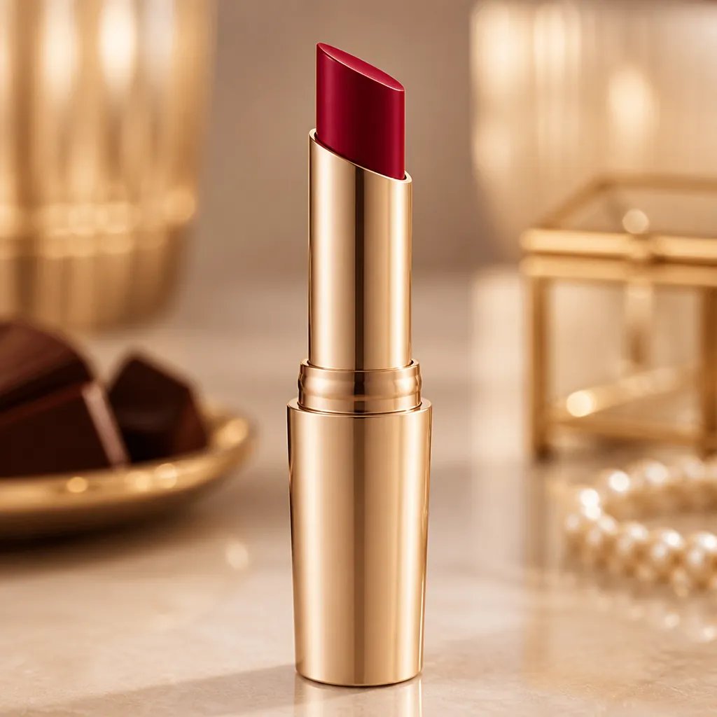 Elegant Lakme Powerplay Priming Matte Lipstick product shot with premium packaging, soft pearl background with chocolate and gold accents