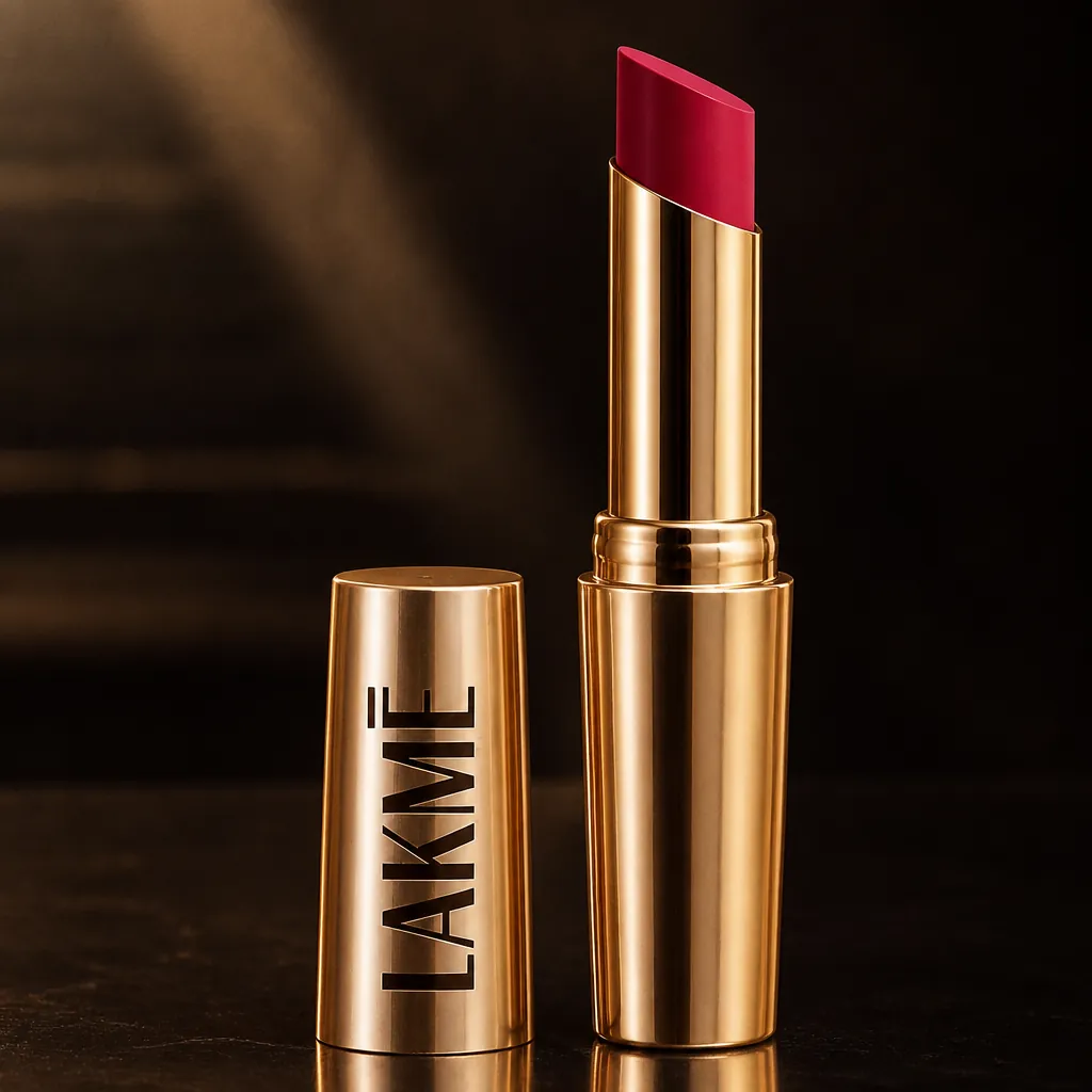 Lakme Powerplay Priming Matte Lipstick in elegant matte finish with gold accents, dramatic lighting on dark background