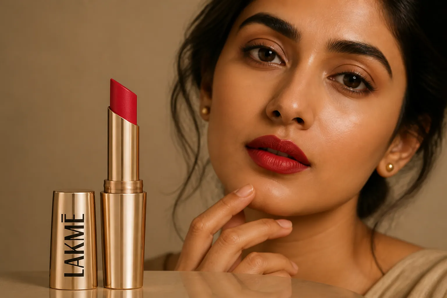 Confident woman with flawless makeup and perfect lips, professional studio portrait with warm golden lighting and empowering atmosphere