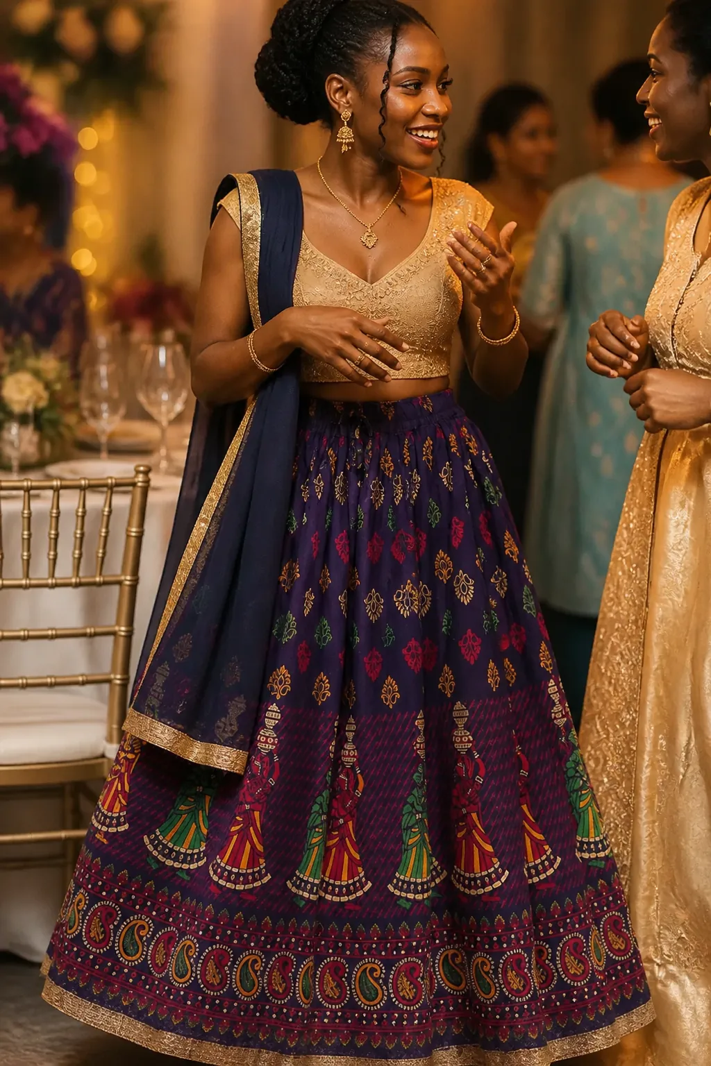 Customer wearing the skirt at a wedding reception with gold jewelry and a matching dupatta