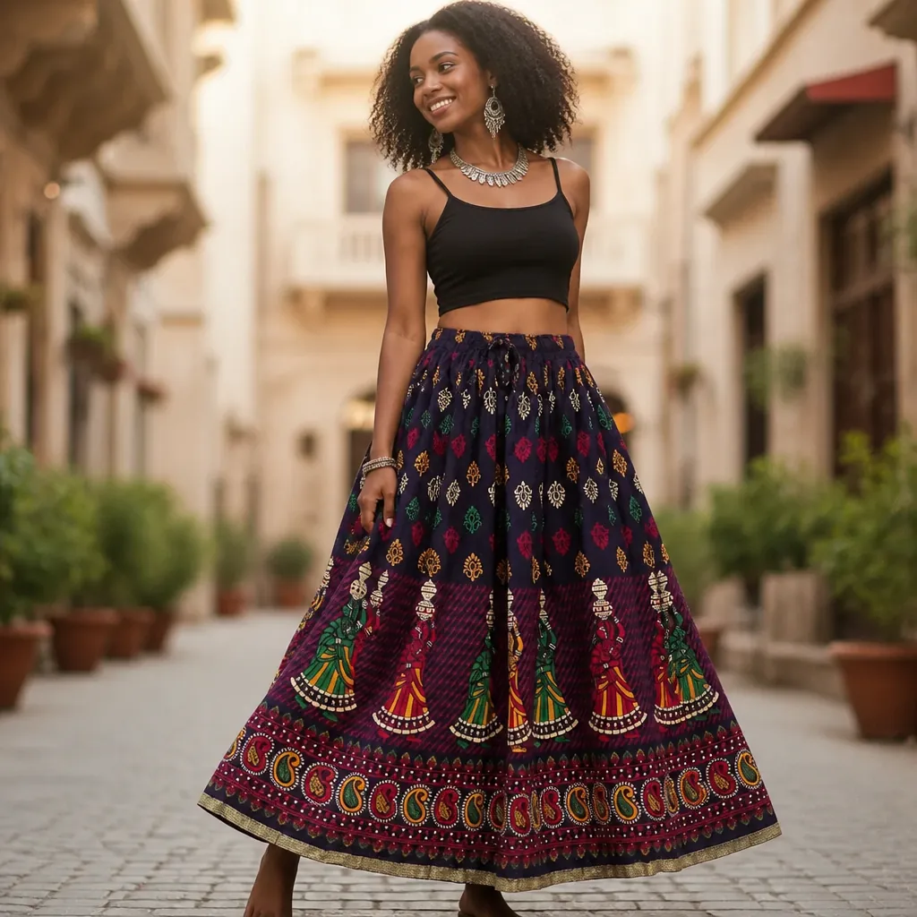 Modern fusion look: Indian Print Skirt styled with a black crop top and statement silver jewelry