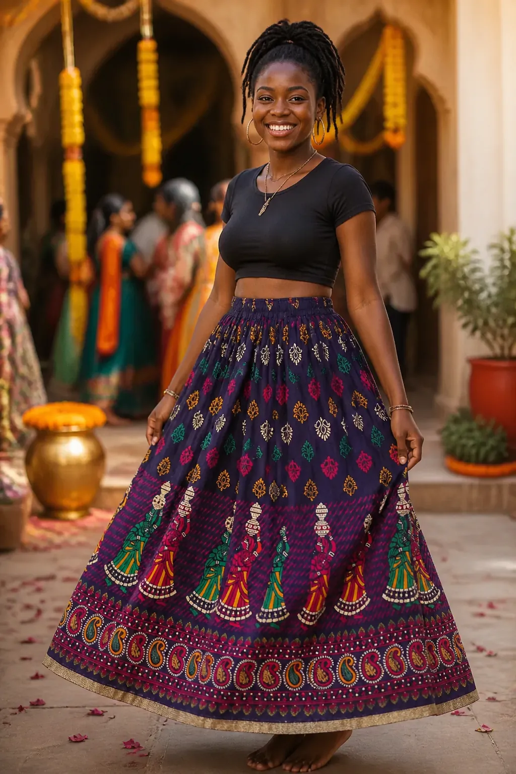 Happy customer wearing the Indian Print Skirt at a festive celebration with a bright smile
