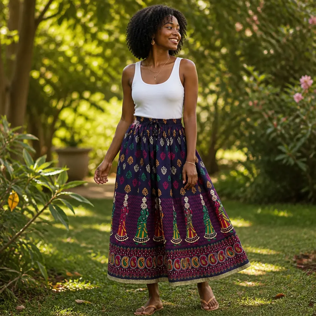 Young woman wearing the Indian Print Skirt during a casual day out in a garden setting, showing the comfortable elastic waist fit