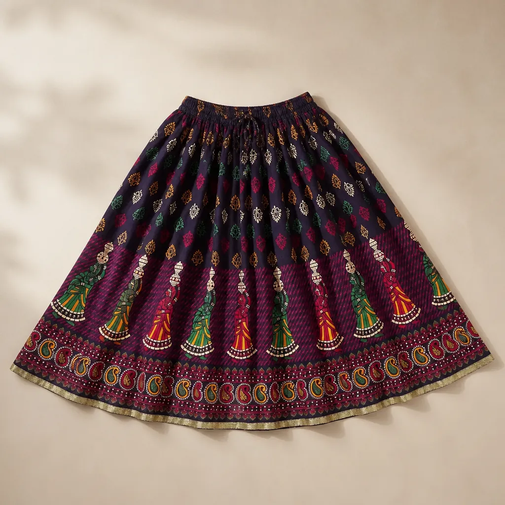 Flat lay photography of the Indian Print Skirt showing full 39 inch length, intricate block print pattern, elastic waistband with knot closure detail