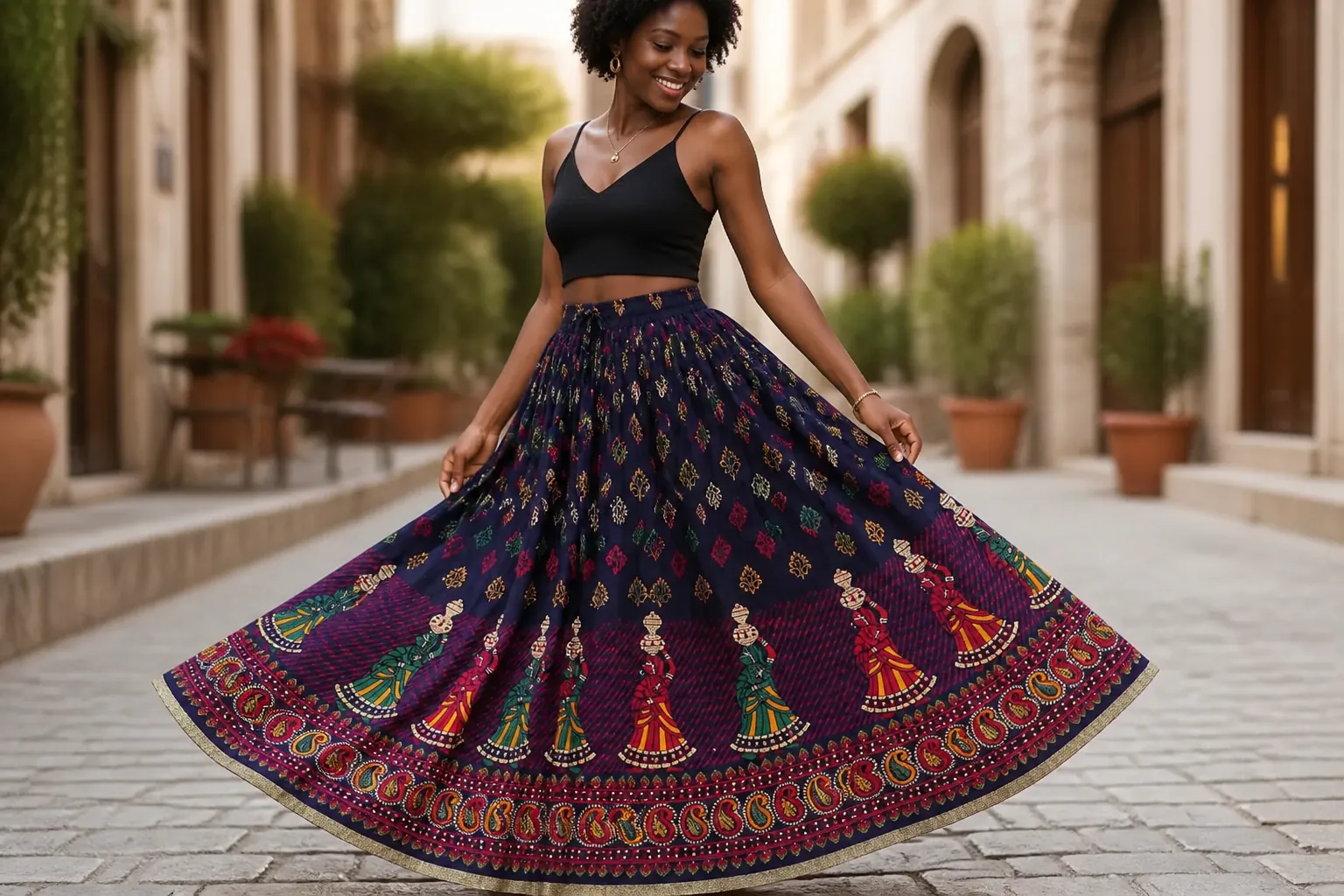 Woman wearing the skirt demonstrating the beautiful 2.75 meter flowing flair movement in an outdoor setting