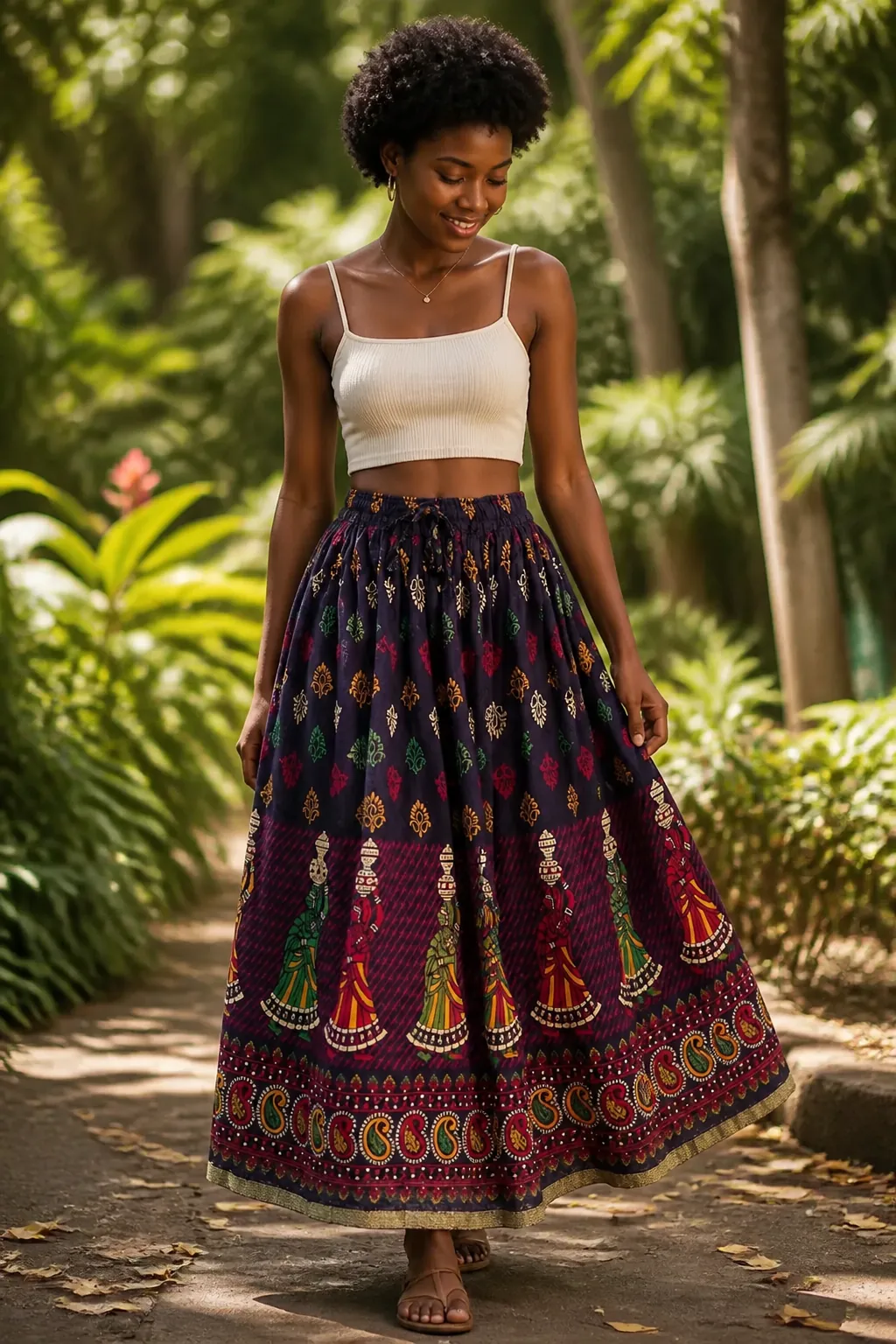 Young woman in a garden setting wearing the skirt with a casual crop top look
