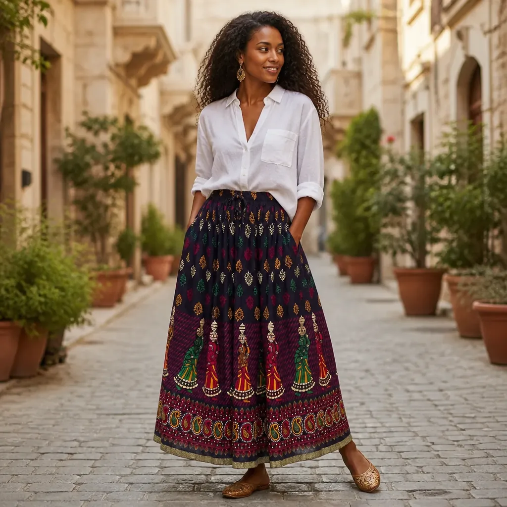 Casual everyday look: Indian Print Skirt with a loose white linen shirt tucked in and comfortable juttis