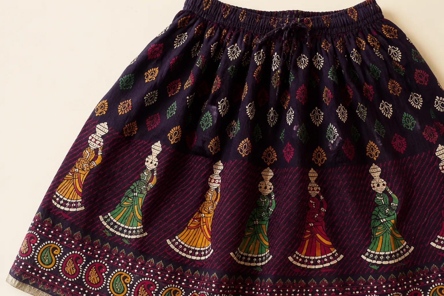Close-up of the intricate Rajasthani Jaipuri block print pattern showing authentic artisan craftsmanship with traditional motifs