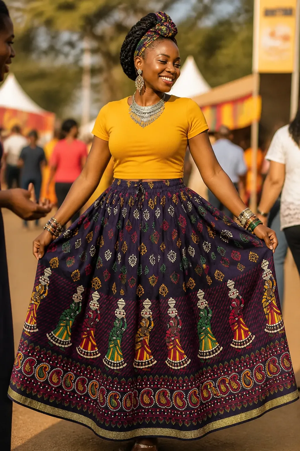 Diverse customer showing off the skirt at a cultural event wearing traditional jewelry