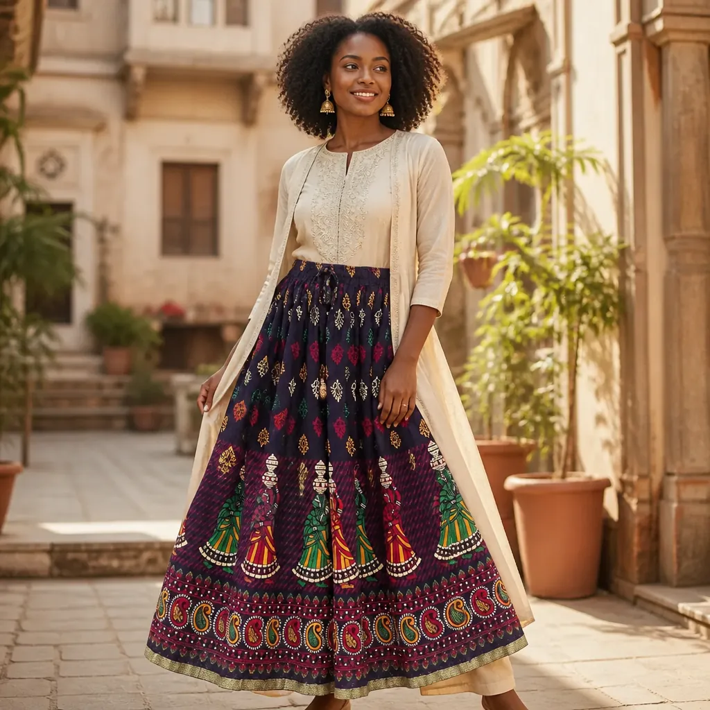 Traditional styling: Indian Print Skirt paired with a cream colored anarkali kurta and gold jhumka earrings