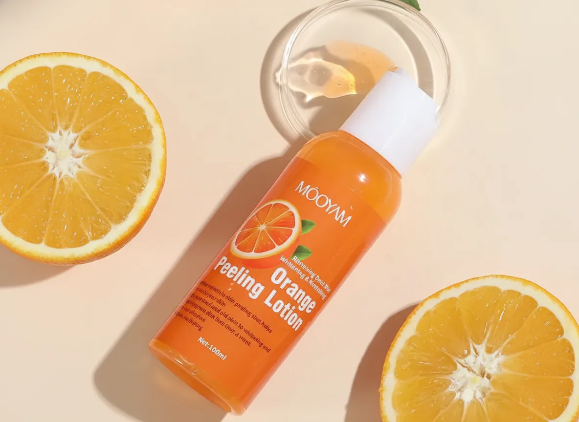 Before and after photo showing smooth glowing legs after using orange peel lotion for 6 weeks, professional beauty photography with soft lighting