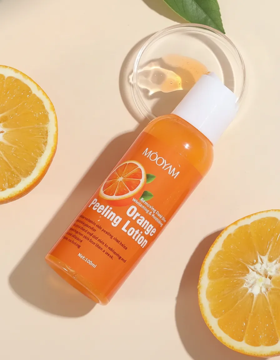 Fresh organic orange peels arranged artfully alongside the orange peel lotion bottle, showing the natural ingredient source, warm natural lighting with soft shadows