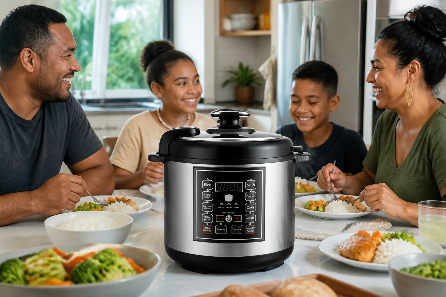 Happy Asian family of four sitting around dinner table with perfectly cooked rice and vegetables in modern kitchen