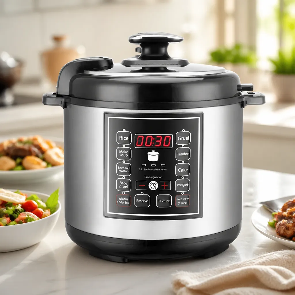 Modern smart pressure cooker with sleek LCD display panel showing timer settings and premium stainless steel exterior