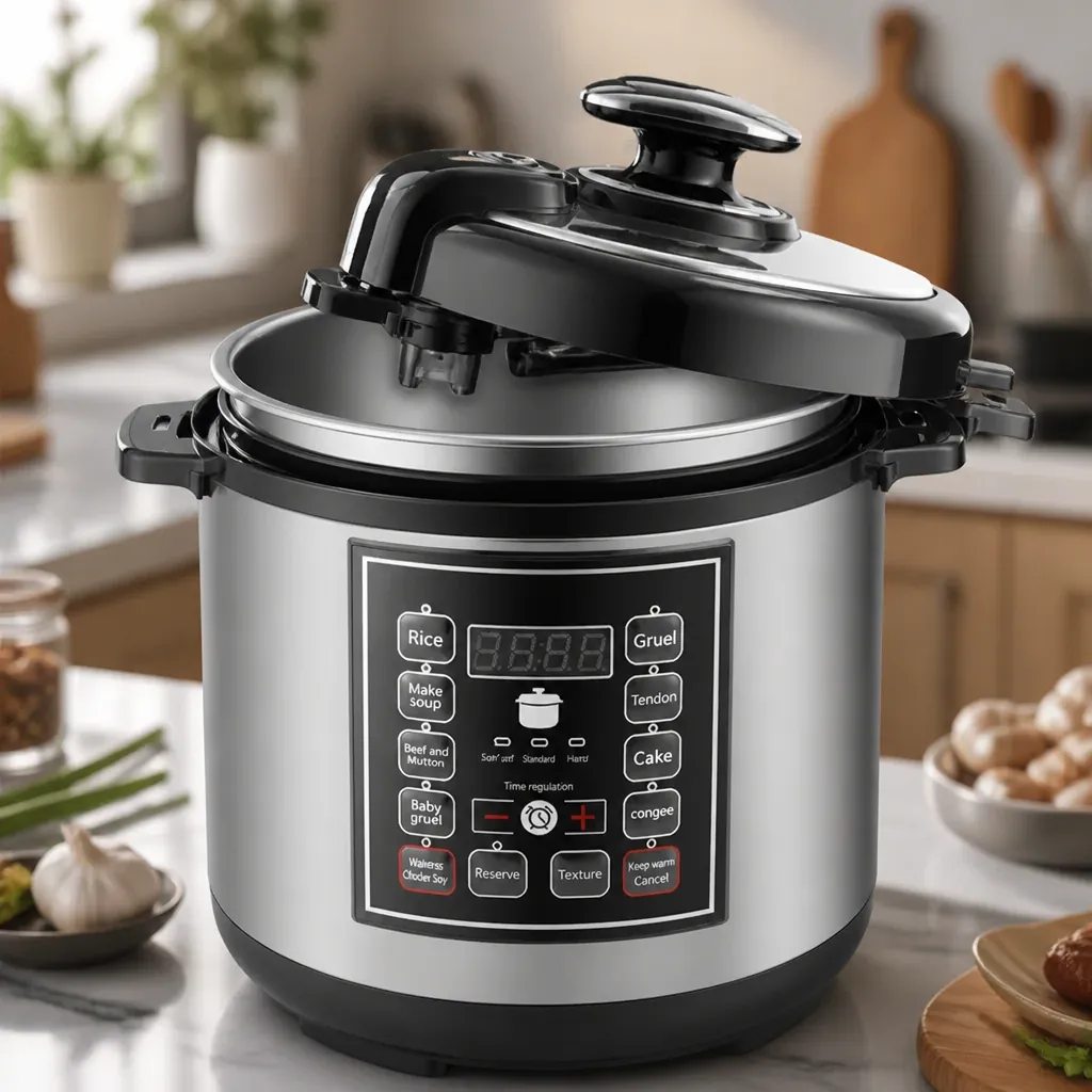 Close-up view of smart pressure cooker safety valves, locking lid mechanism, and premium aluminum alloy interior surface