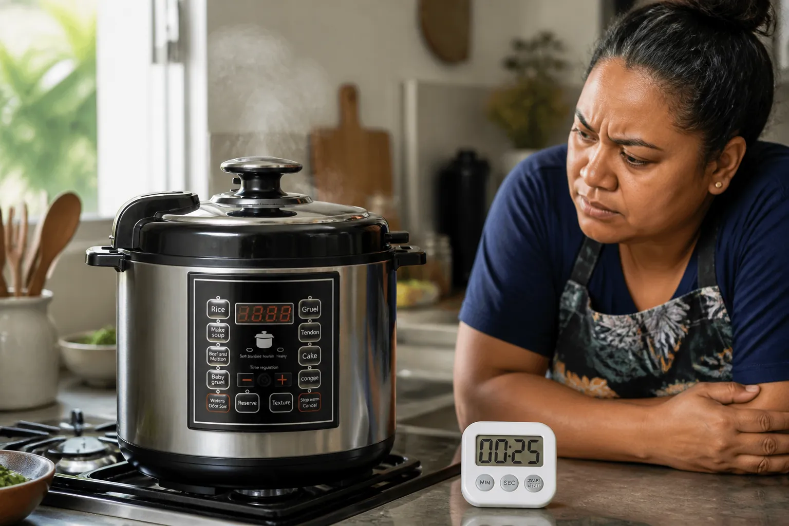 Stressed home cook watching a boiling pot on the stove with worried expression and kitchen timer nearby