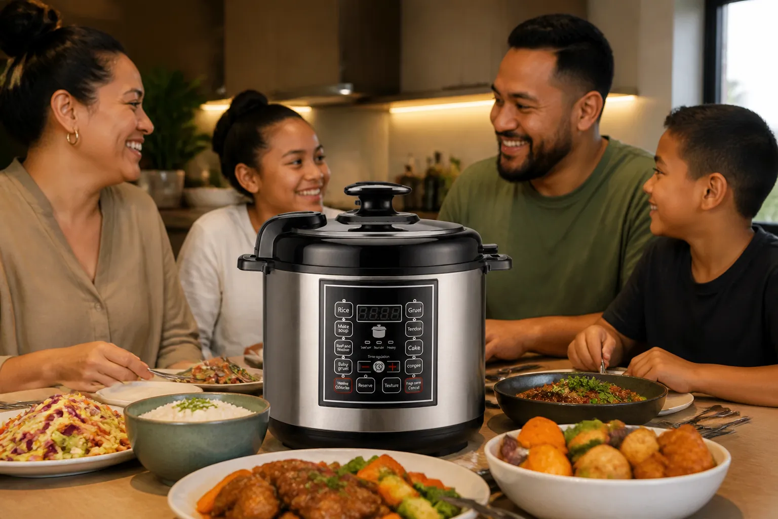 Happy family of four gathered around dinner table with perfectly cooked meal, warm kitchen atmosphere with soft lighting