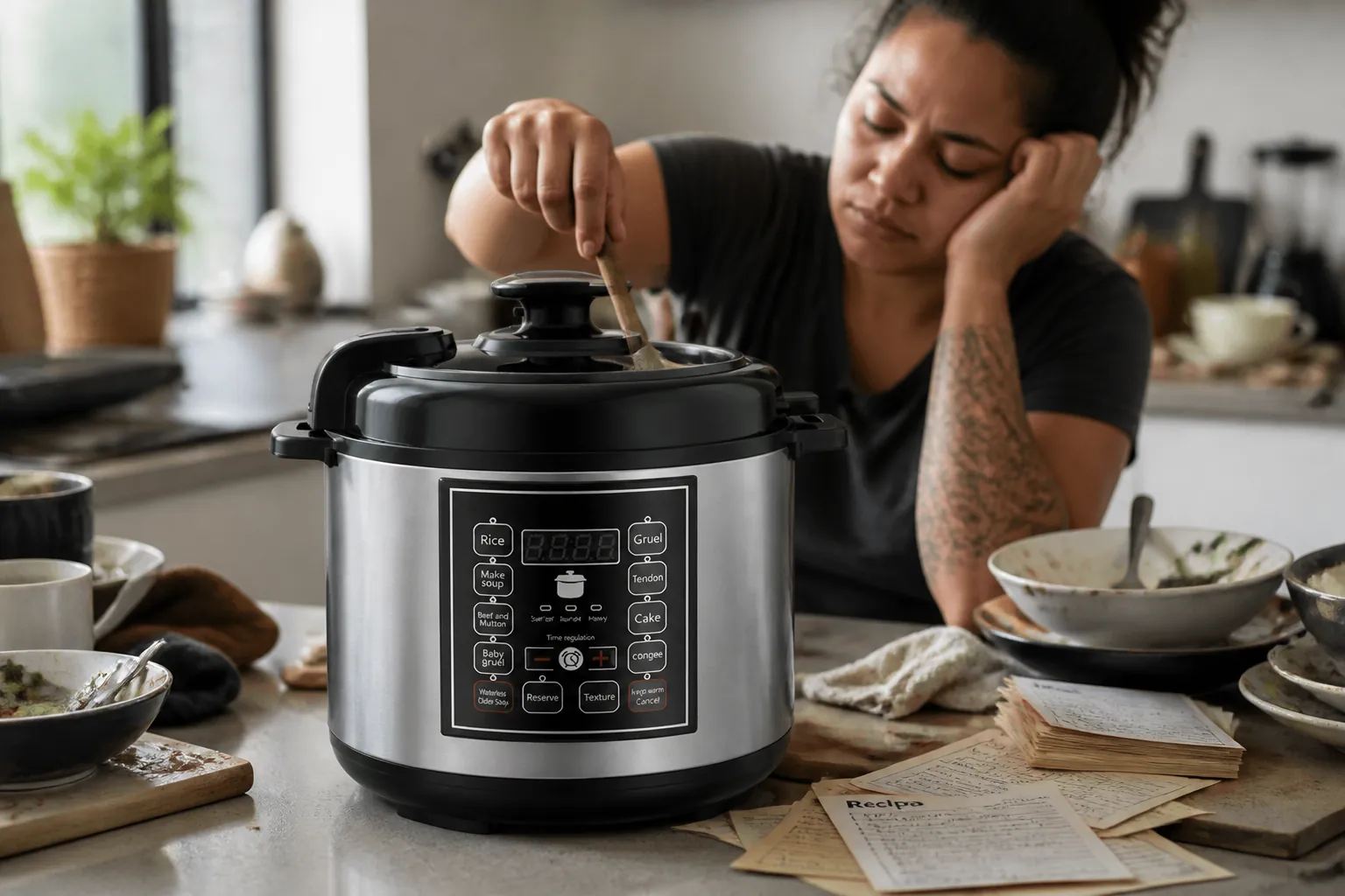 Person stirring pot continuously with tired expression, scattered recipe cards and dirty dishes in background