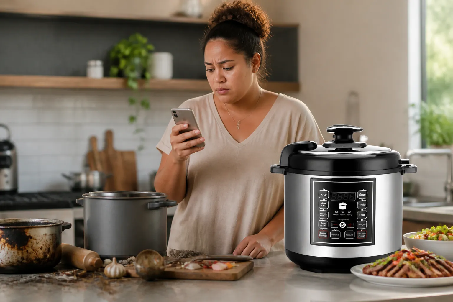Multiple phone timers set, kitchen chaos, burnt pot visible, frustrated cook checking phone anxiously