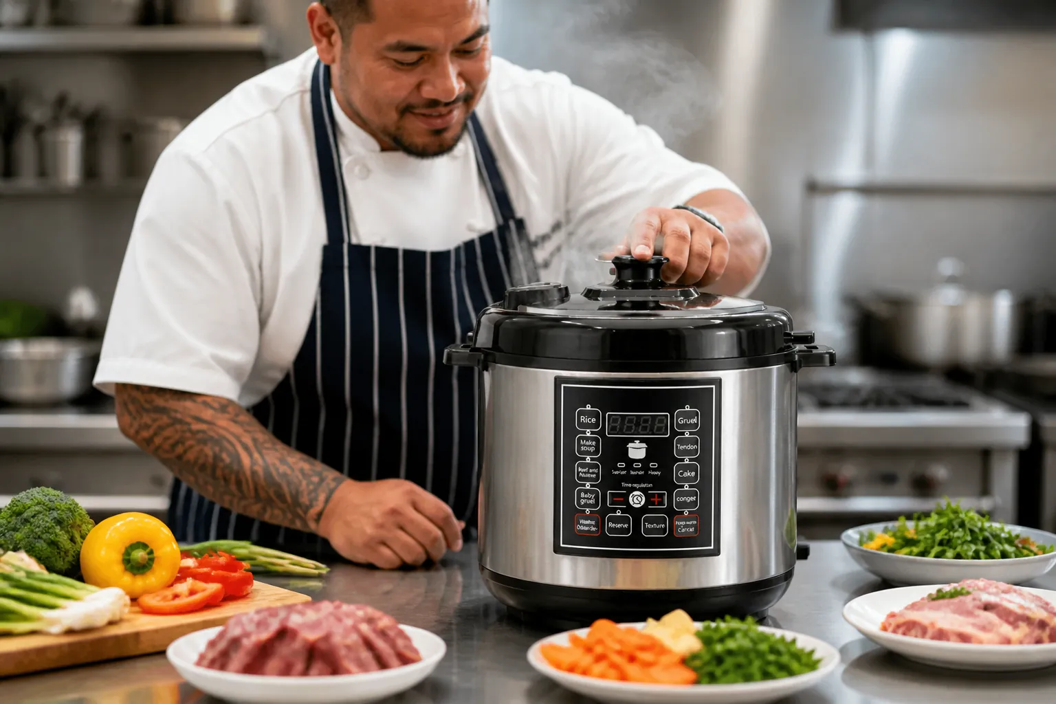 Professional chef using smart pressure cooker in commercial kitchen with fresh ingredients displayed