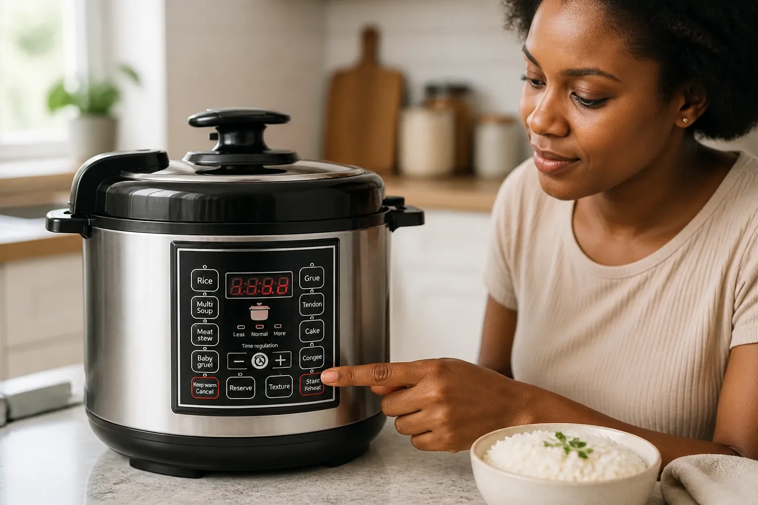 Modern multi-function control panel with clearly labeled buttons for rice cooking steaming stew soup and porridge modes
