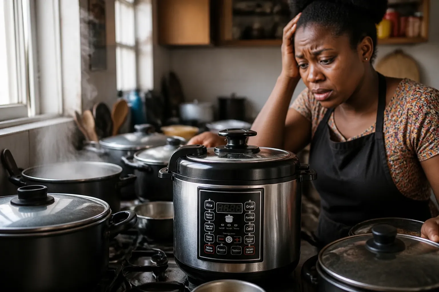 Stressed woman in kitchen checking on food in multiple pots, looking worried and overwhelmed with a cluttered stovetop