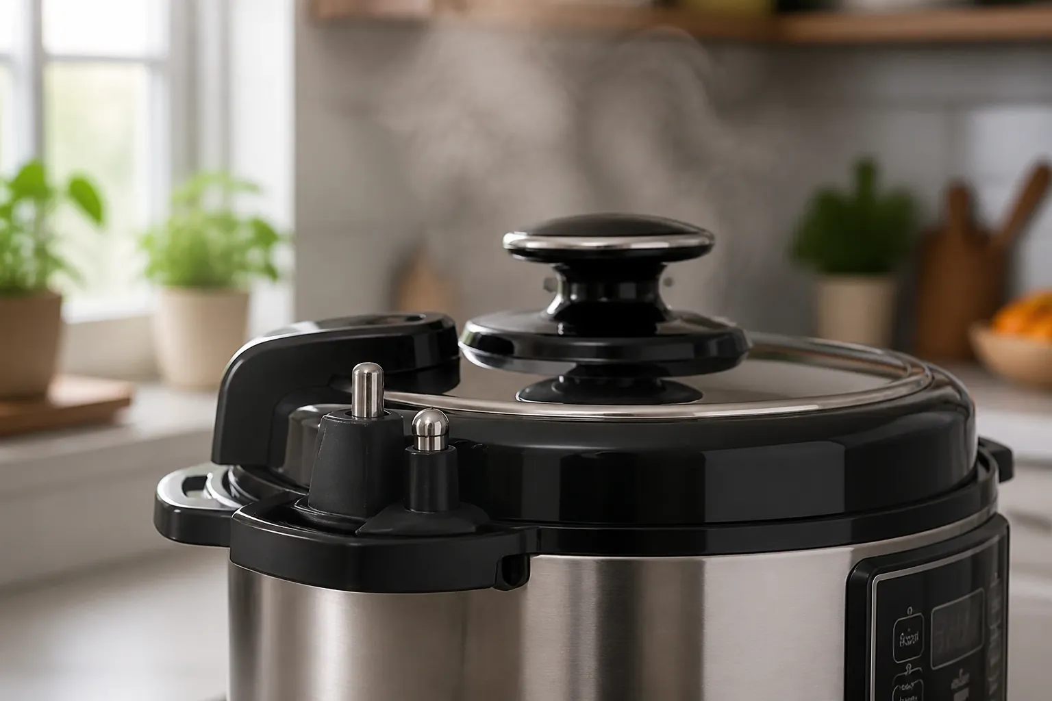 Detailed view of the secure safety lock mechanism with visible locking pins on the pressure cooker lid in modern kitchen