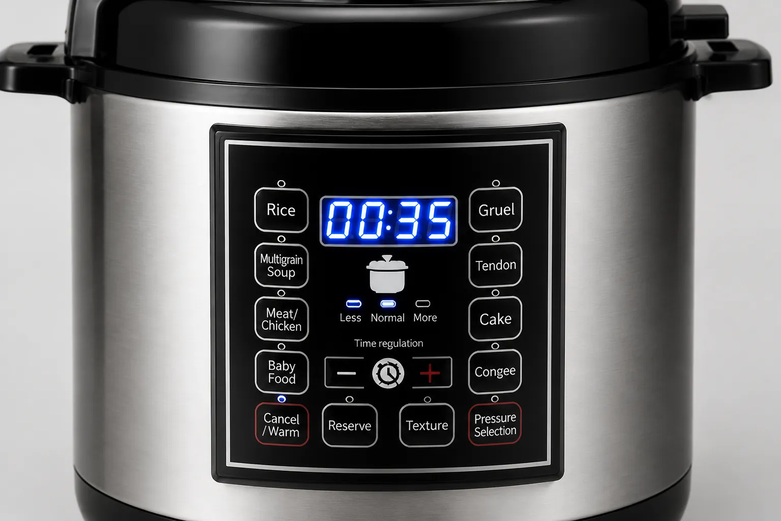 Close-up macro shot of modern LCD digital display panel showing timer countdown with bright blue backlit numbers on the rice cooker