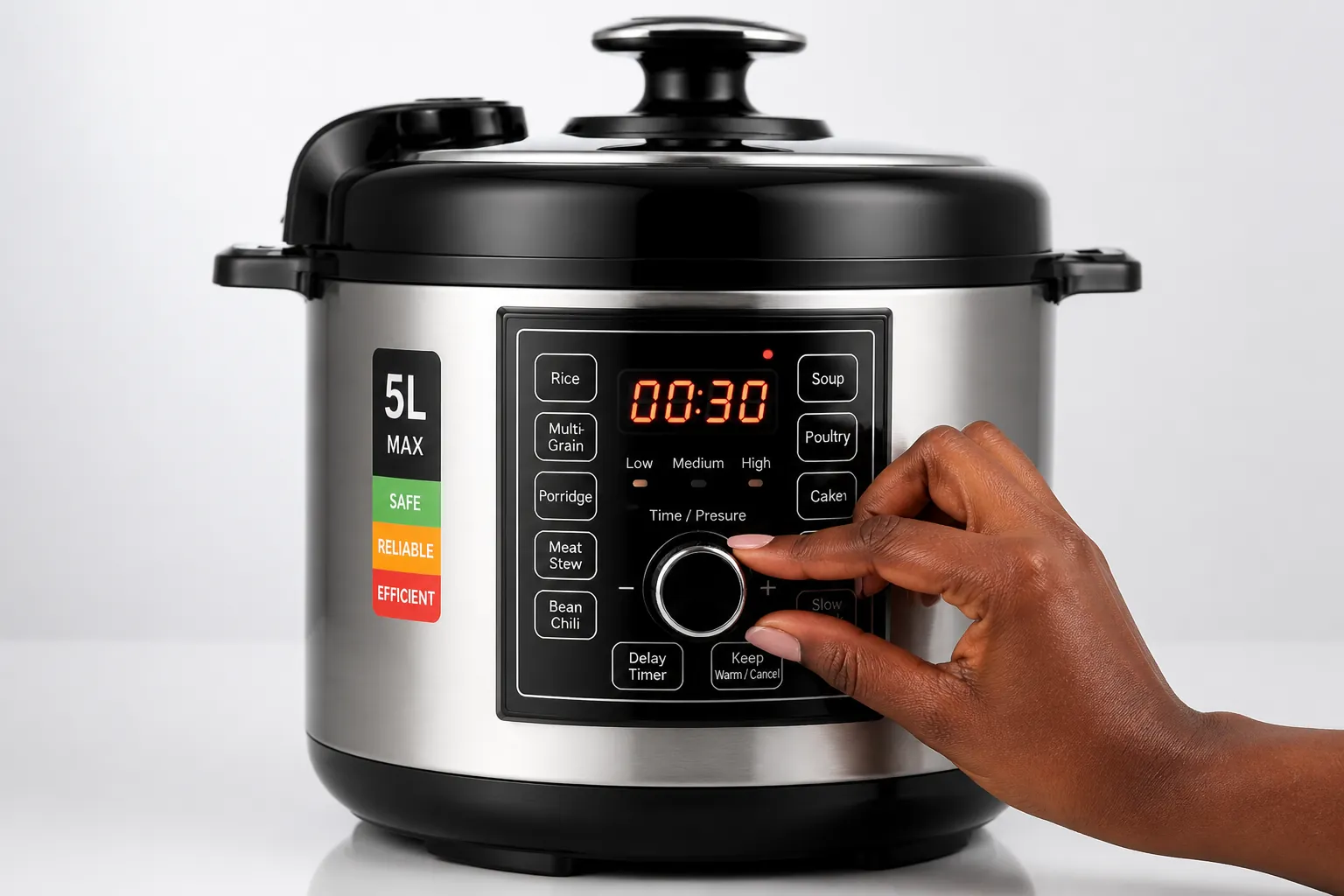 Elegant hands setting the timer dial on a modern kitchen appliance with soft studio lighting highlighting the interface