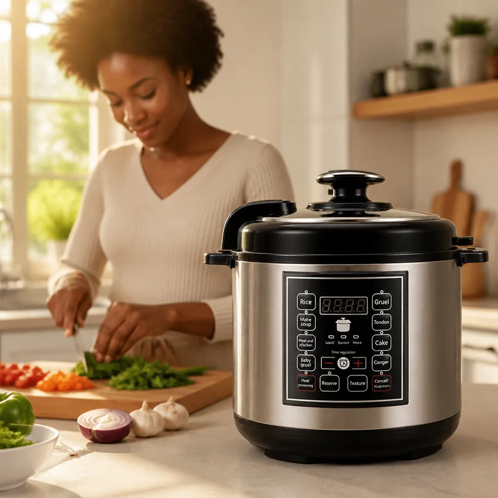 Serene modern kitchen scene with morning sunlight streaming through windows, the smart pressure cooker displayed proudly on the counter next to fresh ingredients