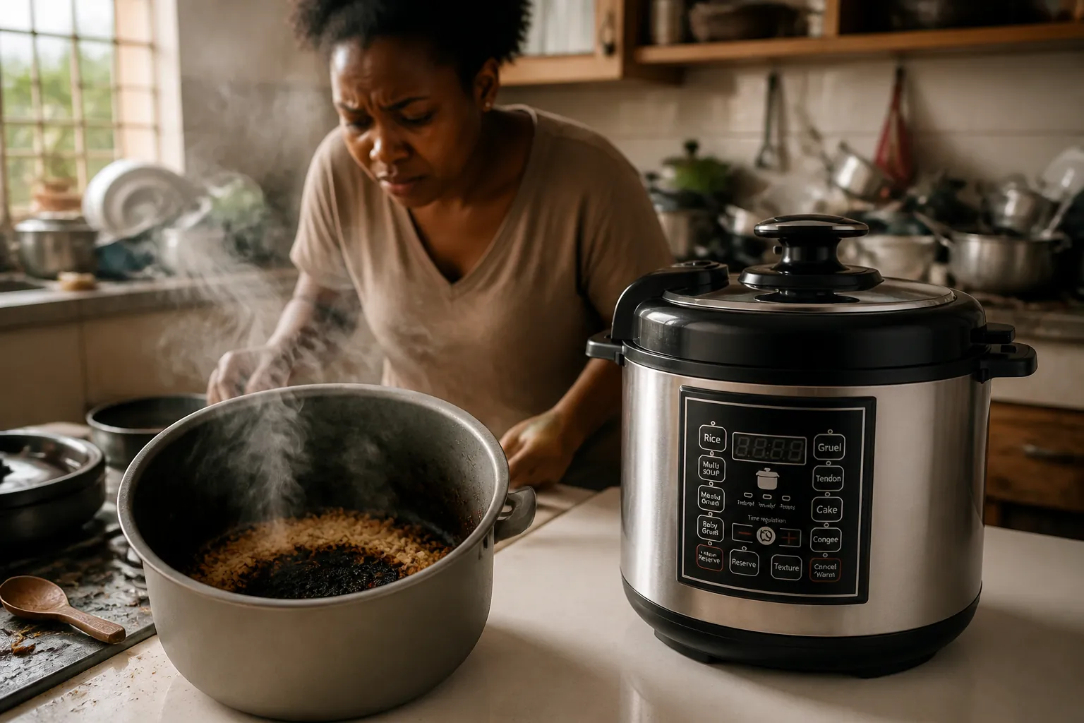 Burnt rice at the bottom of a blackened pot with smoke rising, creating an unpleasant charred smell in a messy kitchen